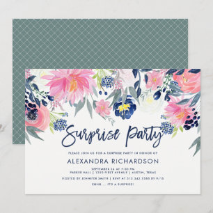 Convite Modern Blush and Marinho Floral Surprise Party