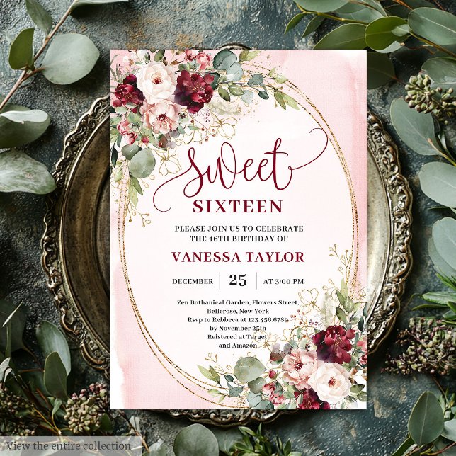 Convite Modern Blush Burgundy Gold Floral Sweet Sixteen  (Modern Blush Burgundy Gold Floral Sweet Sixteen Invite

)