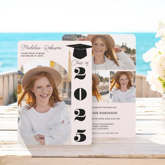 Convite Modern Blush e Black 4 photograduz (Modern Blush and Black 4 photos Graduation Invitation)