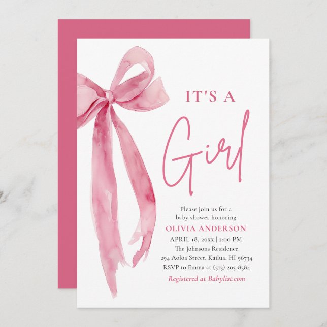 Convite Modern Blush Pink Bow It's a Girl Baby Shower (Frente/Verso)