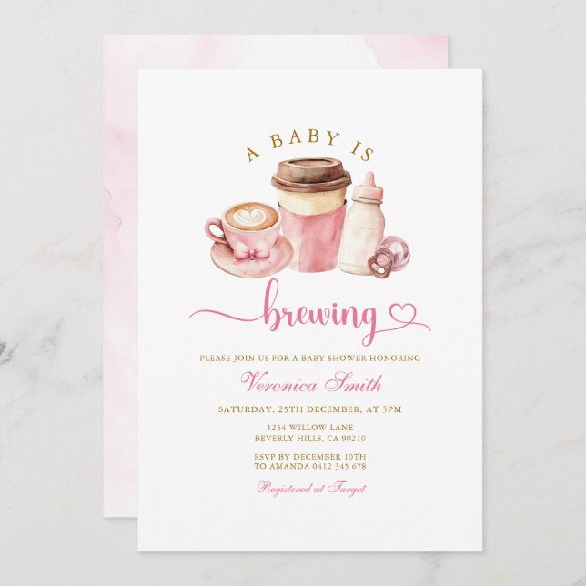 Convite Modern Blush Pink Coffee Theme Latte Baby Shower (Frente/Verso)