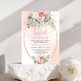 Convite Modern Blush Rose Gold Floral Sweet Sixteen Card