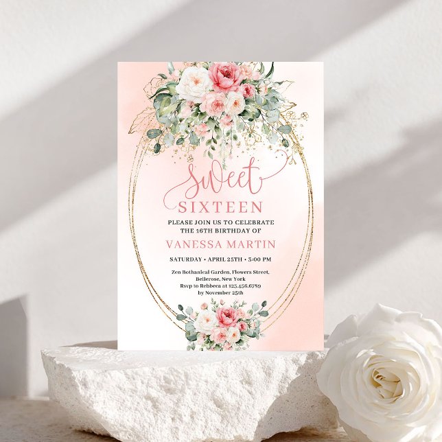 Convite Modern Blush Rose Gold Floral Sweet Sixteen Card (Modern Blush Rose Gold Floral Sweet Sixteen Card)