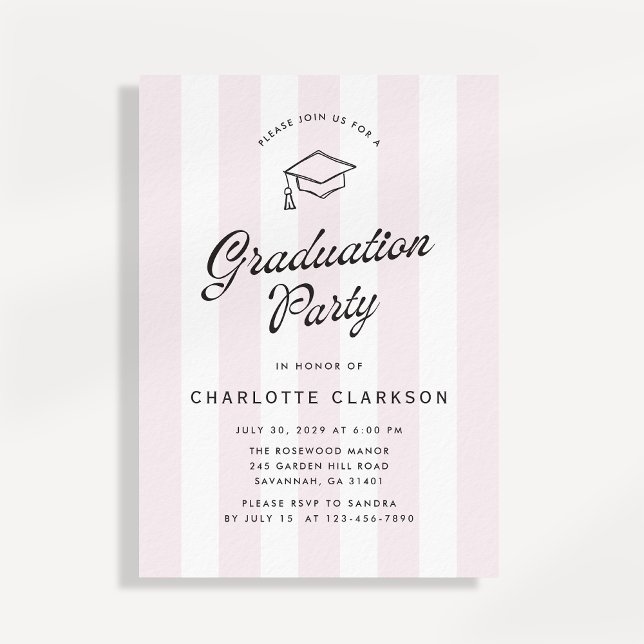Convite Modern Blush Stripe Graduation Party Invitation (Criador carregado)