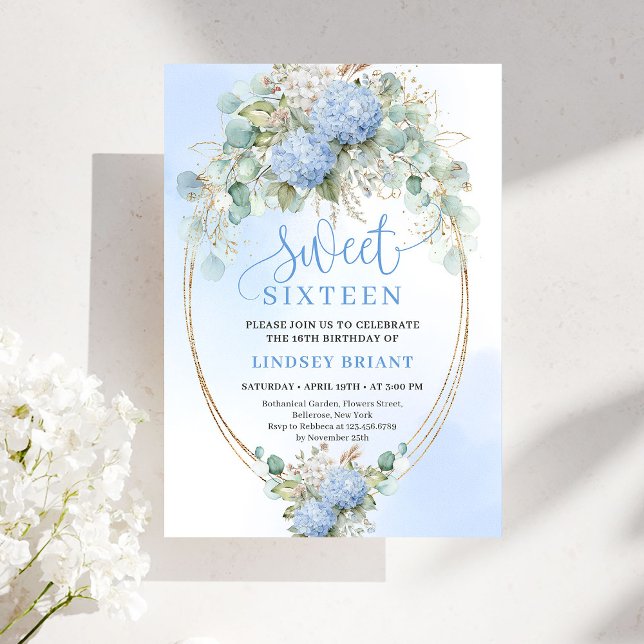 Convite Modern Bohemian Blue Floral Gold Sweet 16 Birthday (Modern Bohemian Blue Floral Sweet 16 Birthday Invite)