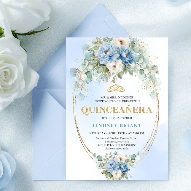 Convite Modern Bohemian Blue Floral Quinceañera Digital  (Modern Bohemian Blue Floral Quinceañera Digital Invite)