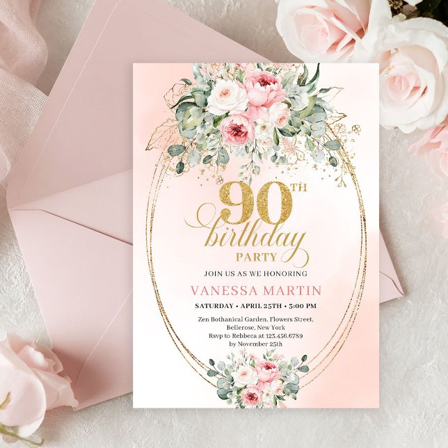 Convite Modern Bohemian Blush Floral 90th Birthday Invite (Elegant Blush Rose Greenery 90th Birthday Invitation)