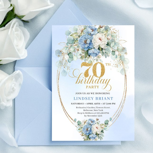 Convite Modern Bohemian Dusty Blue Peonies 70th Birthday (Modern Bohemian Dusty Blue Peonies 70th Birthday)