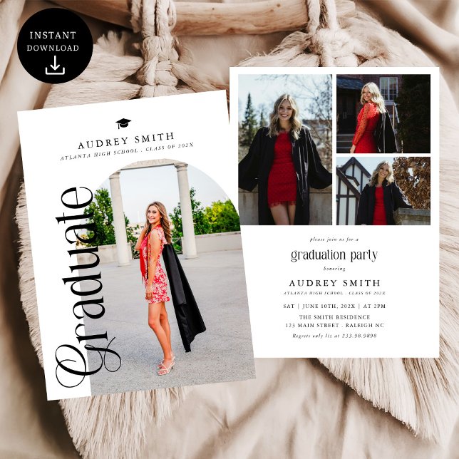 Convite Modern Boho Arch 4 Photos Graduation (Criador carregado)