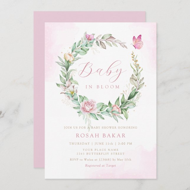 Convite Modern Boho Baby em Floral chá de fraldas (Frente/Verso)