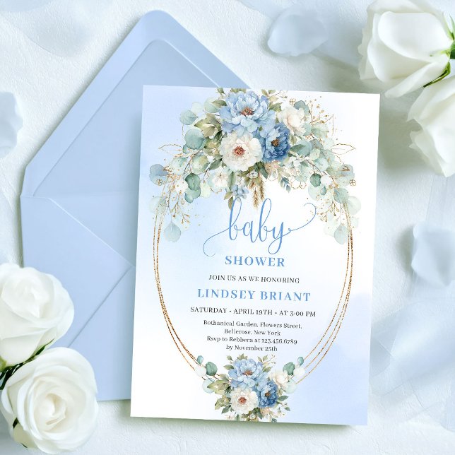 Convite Modern Boho Blue Floral Gold Baby Shower Invite (Modern Boho Blue Floral Gold Baby Shower Invitation)