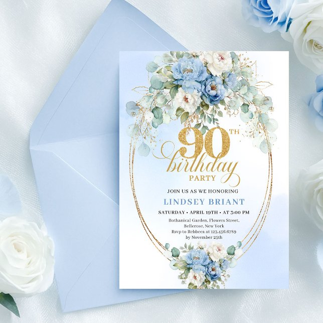 Convite Modern Boho Blue Peony Gold 90th Birthday Invite (Modern Boho Blue Peony Gold 90th Birthday Invite)
