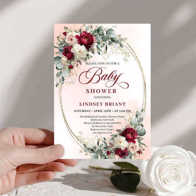 Convite Modern Boho Burgundy and Gold Baby Shower Invite (Modern Boho Burgundy and Gold Baby Shower Invite)