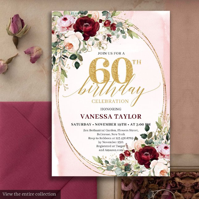 Convite Modern Boho Burgundy Blush Floral 60th Birthday (Modern Boho Burgundy Blush Floral 60th Birthday)