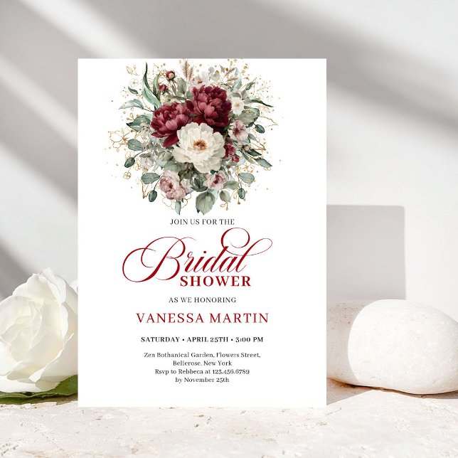 Convite Modern Boho Burgundy Eucalyptus Gold Bridal Shower (Modern Boho Burgundy Eucalyptus Gold Bridal Shower Invitation)