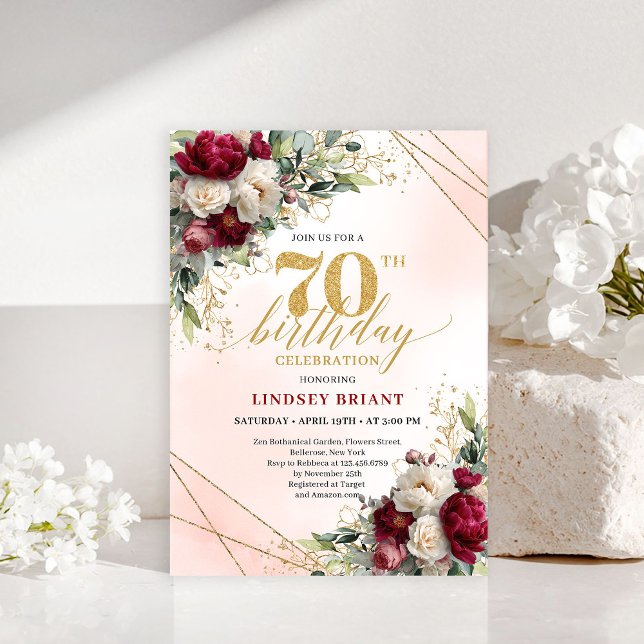 Convite Modern Boho Burgundy Floral 70 Years Young Invite (Modern Boho Burgundy Floral 70 Years Young Invite)