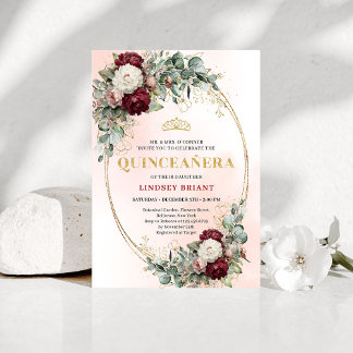 Convite Modern Boho Burgundy Floral Quinceañera Invitation