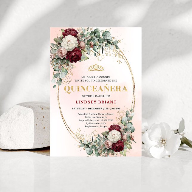 Convite Modern Boho Burgundy Floral Quinceañera Invitation (Modern Boho Burgundy Floral Quinceañera Invitation)