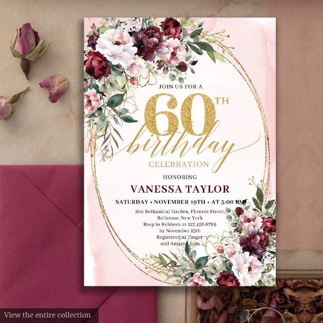 Convite Modern Boho Burgundy Roses 60th Birthday Invite (Modern Boho Burgundy Roses 60th Birthday Invite)