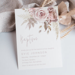 Convite Modern Boho Dusty Rosa e Blush Floral Baptism