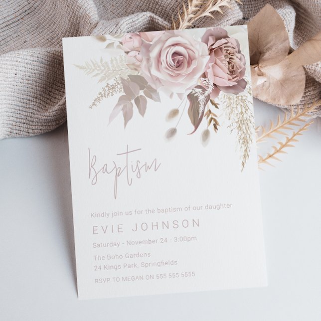 Convite Modern Boho Dusty Rosa e Blush Floral Baptism (Criador carregado)