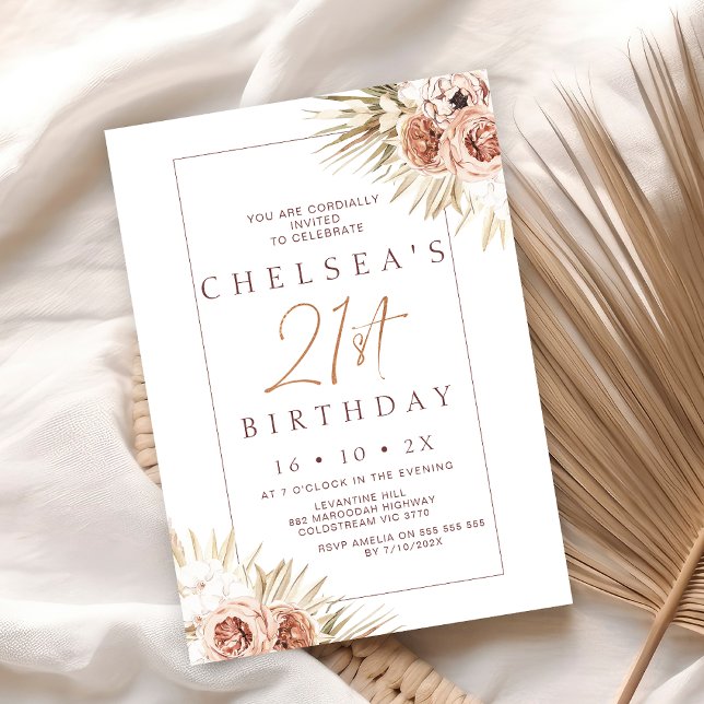 Convite Modern Boho Floral aniversário de 21 anos (Boho Floral 21st Birthday Invitation, Bohemian Floral 21st Birthday Invite, Modern Rustic Girl)