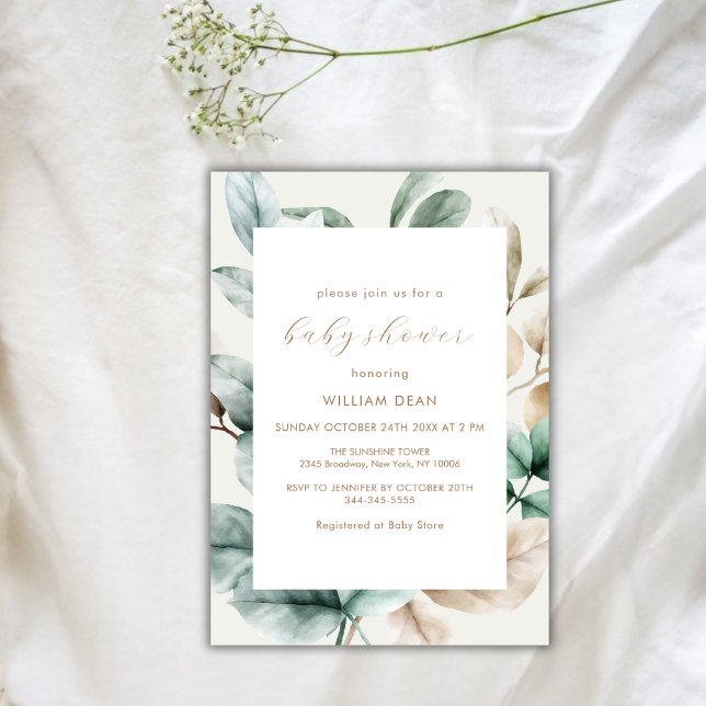 Convite Modern Boho Greenerence deixa Chá de fraldas (Modern Boho Greenery Leaves Baby Shower Invitation)