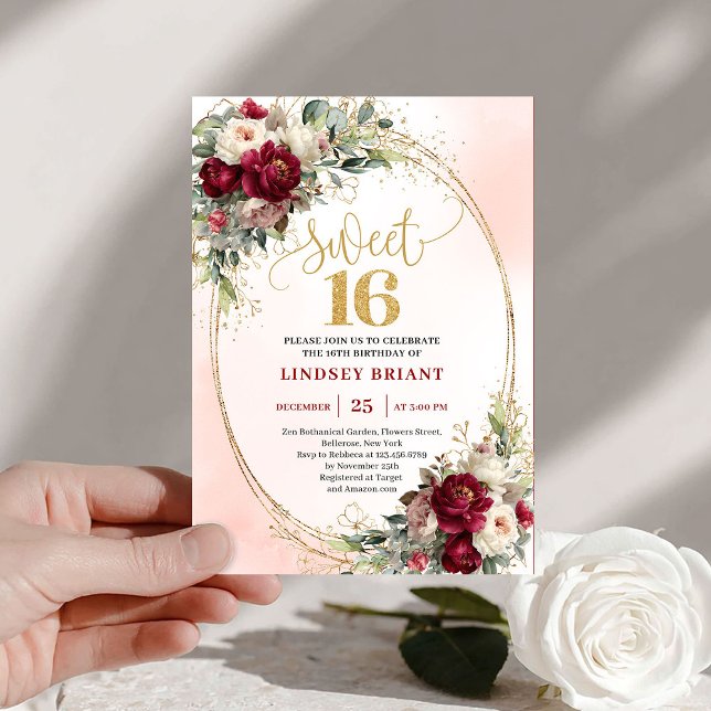 Convite Modern Boho Marsala Gold Floral Sweet Sixteen (Modern Boho Marsala Gold Floral Sweet Sixteen Invite)
