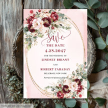Modern Boho Merlot Blush Gold Floral Save Date