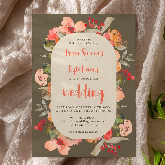 Convite Modern Boho outono terracotta casamento floral ver (Modern Boho fall terracotta green floral wedding Invitation)