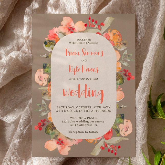 Convite Modern Boho outono terracotta khaki casamento flor (Modern Boho fall terracotta khaki floral wedding Invitation)