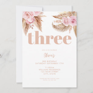 Convite Modern Boho Pampas Floral aniversário de 3 anos