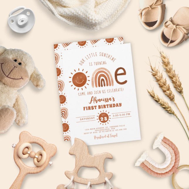 Convite Modern Boho Rainbow Little Sunshine Primeiro Anive (Criador carregado)