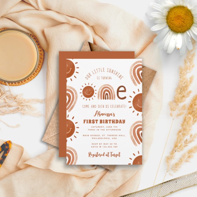 Convite Modern Boho Rainbow Sunshine Um Primeiro Aniversár (Criador carregado)