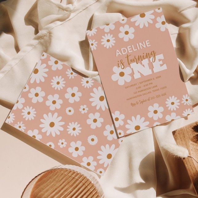 Convite Modern Boho Retro Daisy One Festa de aniversário (Criador carregado)
