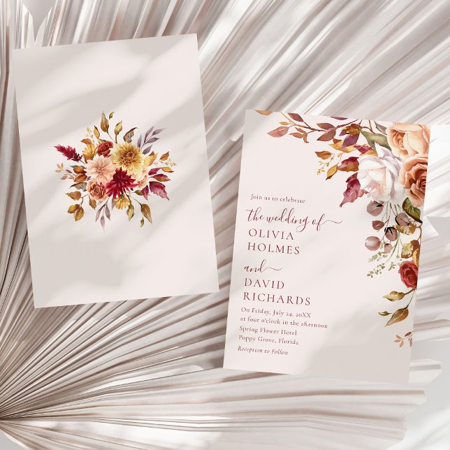 Convite Modern Boho Terracotta Queimou Casamento Floral La (Modern Boho Terracotta Burnt Orange Floral Wedding Invitation on a sunny white dry palm leaf.)