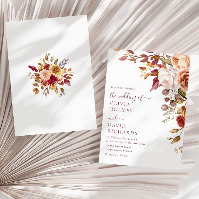 Convite Modern Boho Terracotta Queimou Casamento Floral La (Modern Boho Terracotta Burnt Orange Floral Wedding Invitation on a sunny neutral dry palm leaf.)