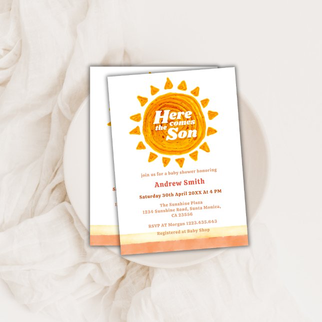 Convite Modern Boho Vem O Chá de fraldas Do Filho (Modern Boho Here Comes The Son Baby Shower Invitation)