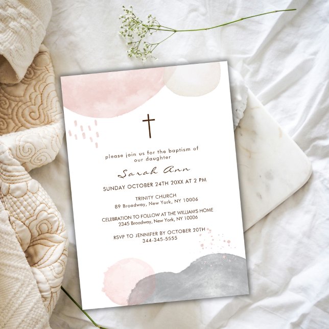 Convite Modern Boho Watercolor Abstrato Cross Baptism (Modern Boho Watercolor Abstract Cross Baptism Invitation)