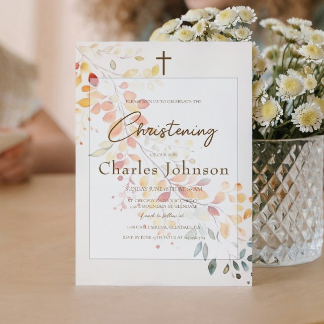 Convite Modern Boho Watercolor Autumn Deixa Menino Batismo (Criador carregado)