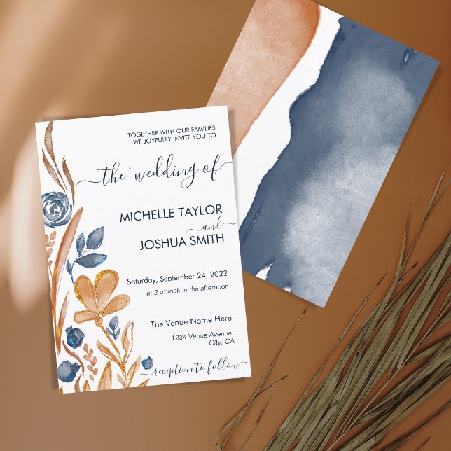 Convite Modern Boho Wildflower Terracotta Marinho Azul (Criador carregado)