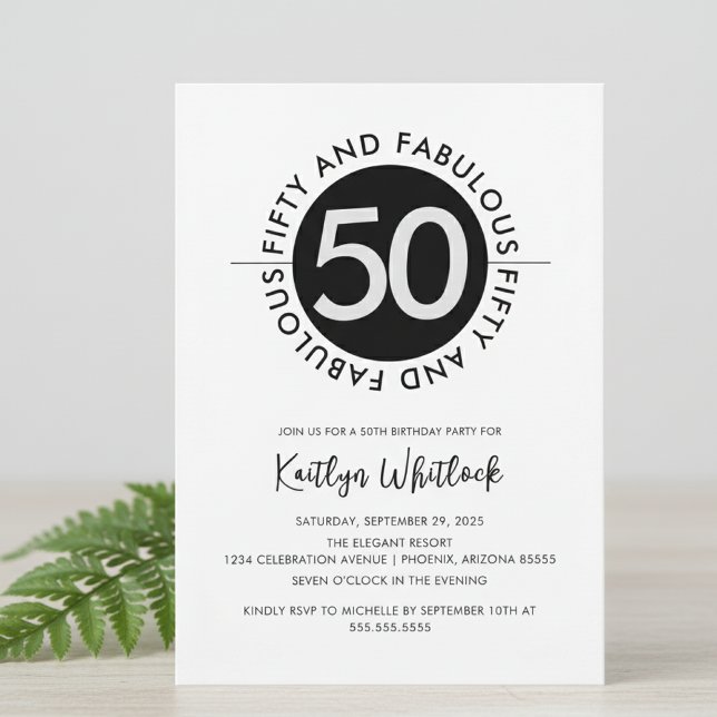 Convite Modern Bold 50 and Fabulous 50th Birthday (elegant bold black and white fifty and fabulous 50th birthday party invitation for bold women)