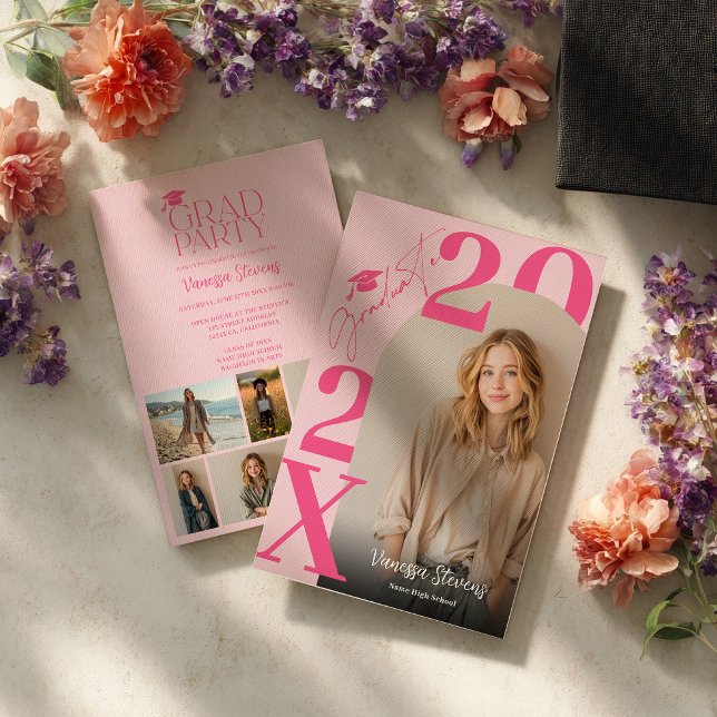 Convite Modern Bold Retro Pink Trendy 6 photos graduation (Modern Bold Retro Pink Trendy 6 photos graduation Invitation)