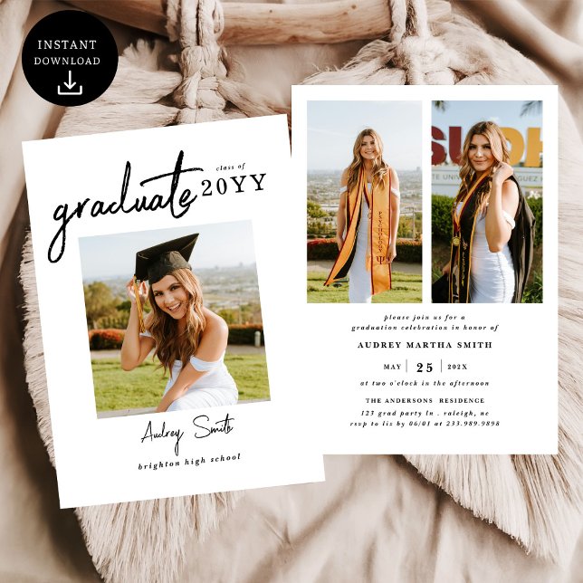 Convite Modern Bold Script Graduate 3 Photo Graduation (Criador carregado)