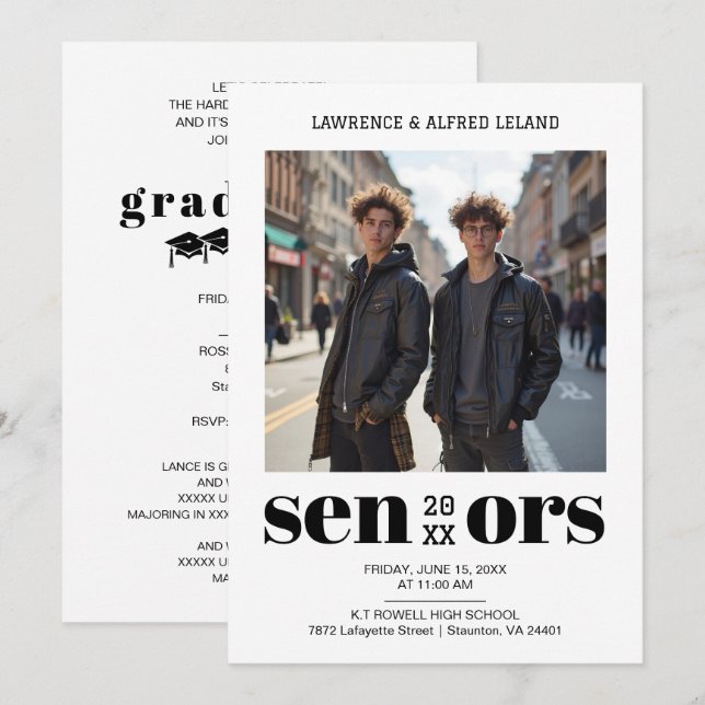 Convite Modern Bold Twins Sibling Senior Graduation TMF26 (Frente/Verso)