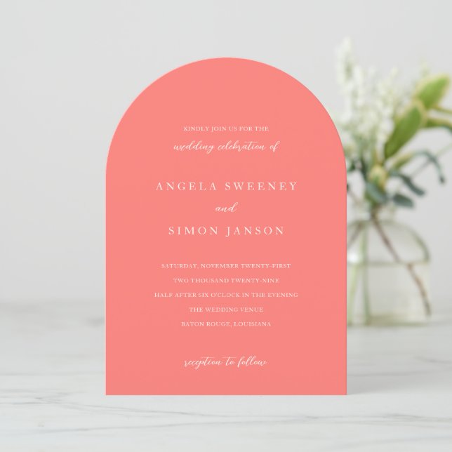 Convite Modern Bold Vibrant Coral Simple Wedding (Em pé/Frente)