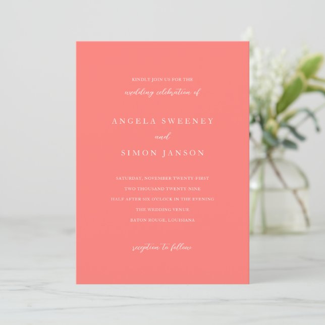 Convite Modern Bold Vibrant Coral Simple Wedding (Em pé/Frente)
