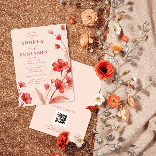 Convite Modern Botanical Bloom Juicy Red Pinky Pink  (Modern Botanical Bloom Juicy Red & Pinky Pink Editorial Wedding Invitation with Back QR Code.)