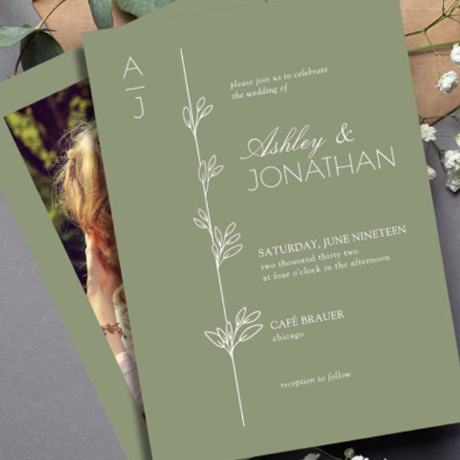 Convite Modern Botanical Divider Wedding Sage Foto Verde (Criador carregado)