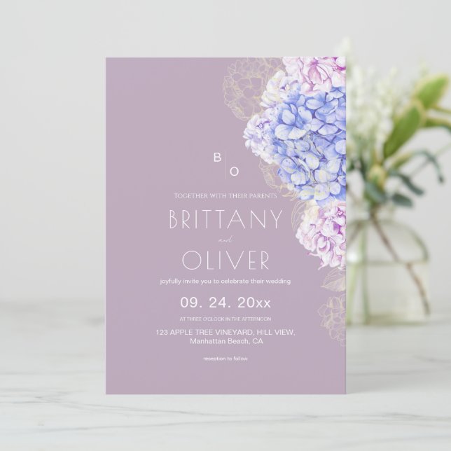 Convite Modern Botanical Lilac & White Floral Wedding (Em pé/Frente)